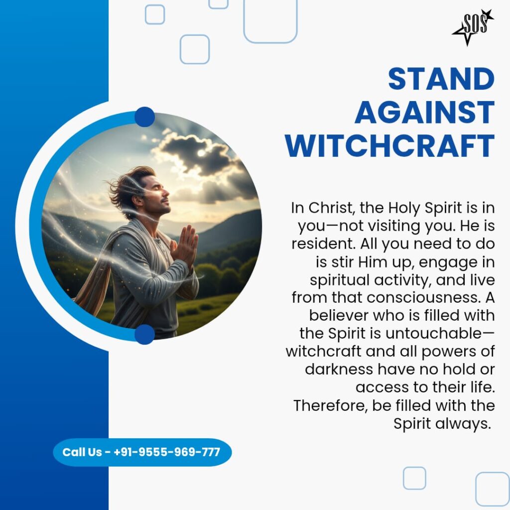 A Christian man praying with light around him, symbolizing the power of the Holy Spirit against witchcraft.