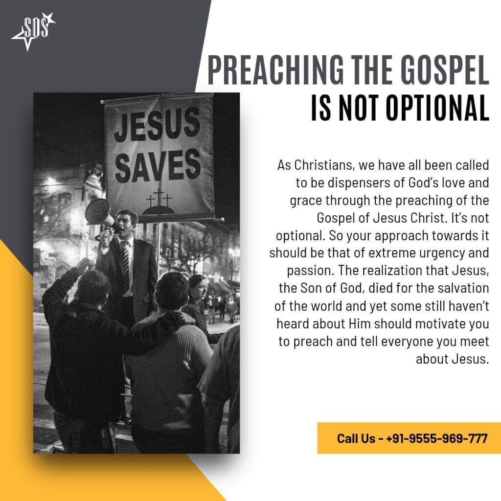 A Christian preaching the Gospel with a banner saying “Jesus Saves” to a group of people.