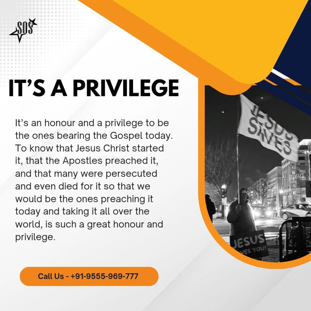 Street evangelism with a “JESUS SAVES” banner at night—privilege to preach the Gospel.