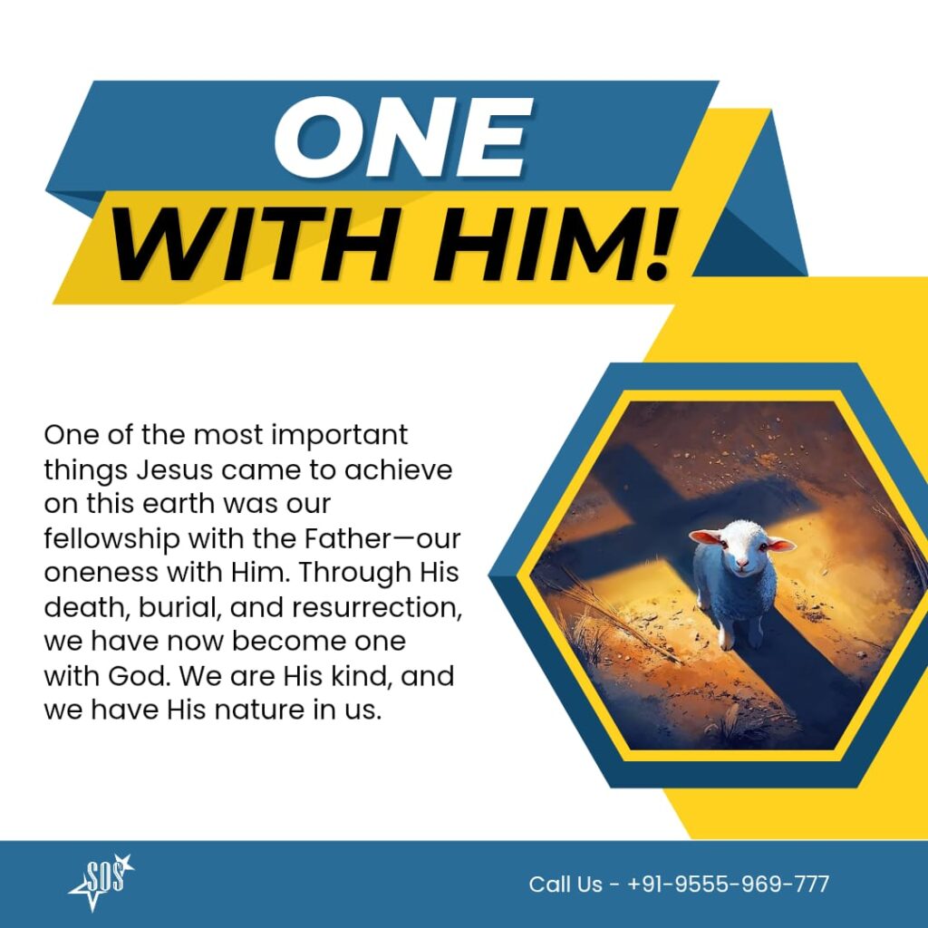 Christian poster showing a lamb under a cross shadow with the text "One with Him" about fellowship with God through Christ.