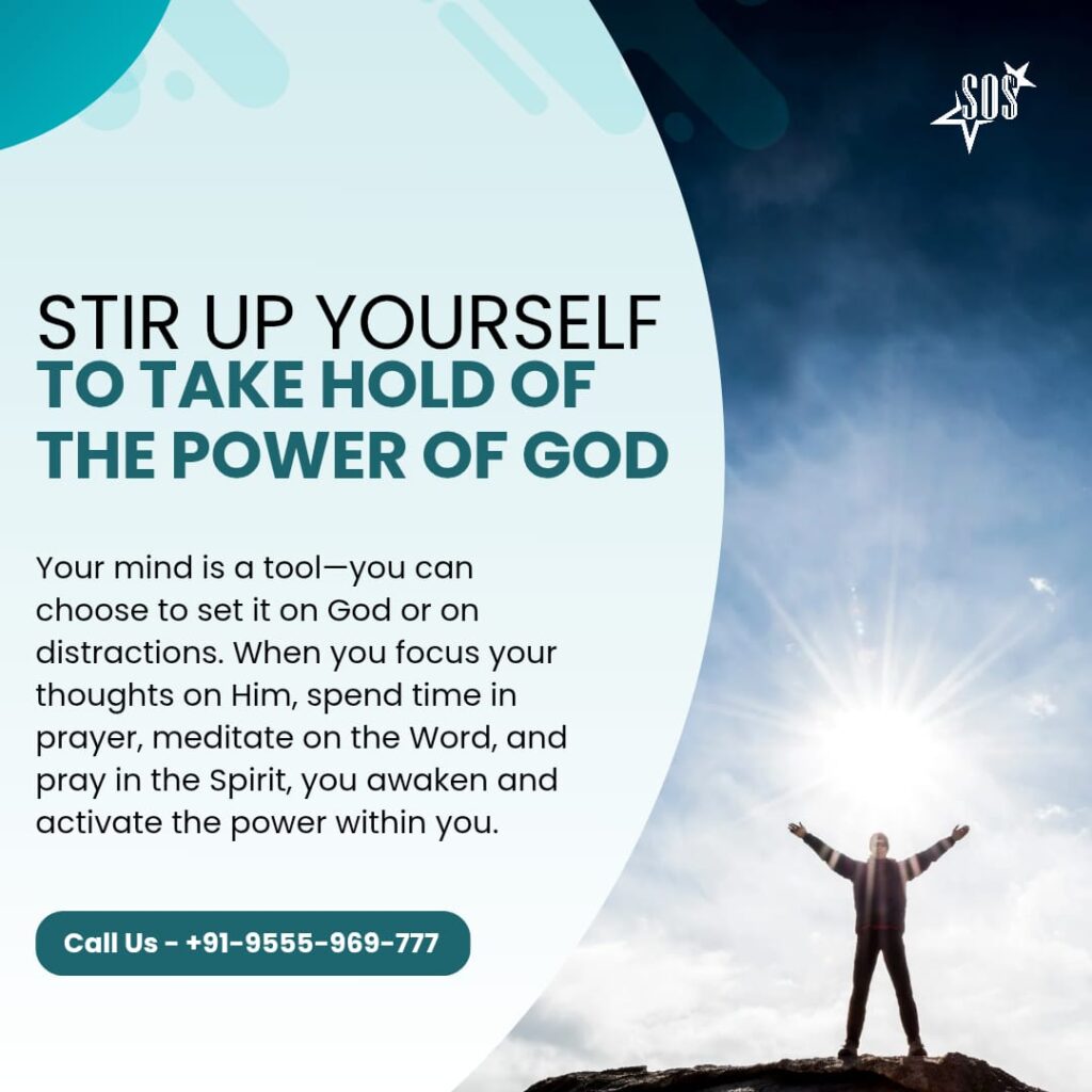 Person standing with arms outstretched toward bright light, symbolizing stirring up the power of God within.