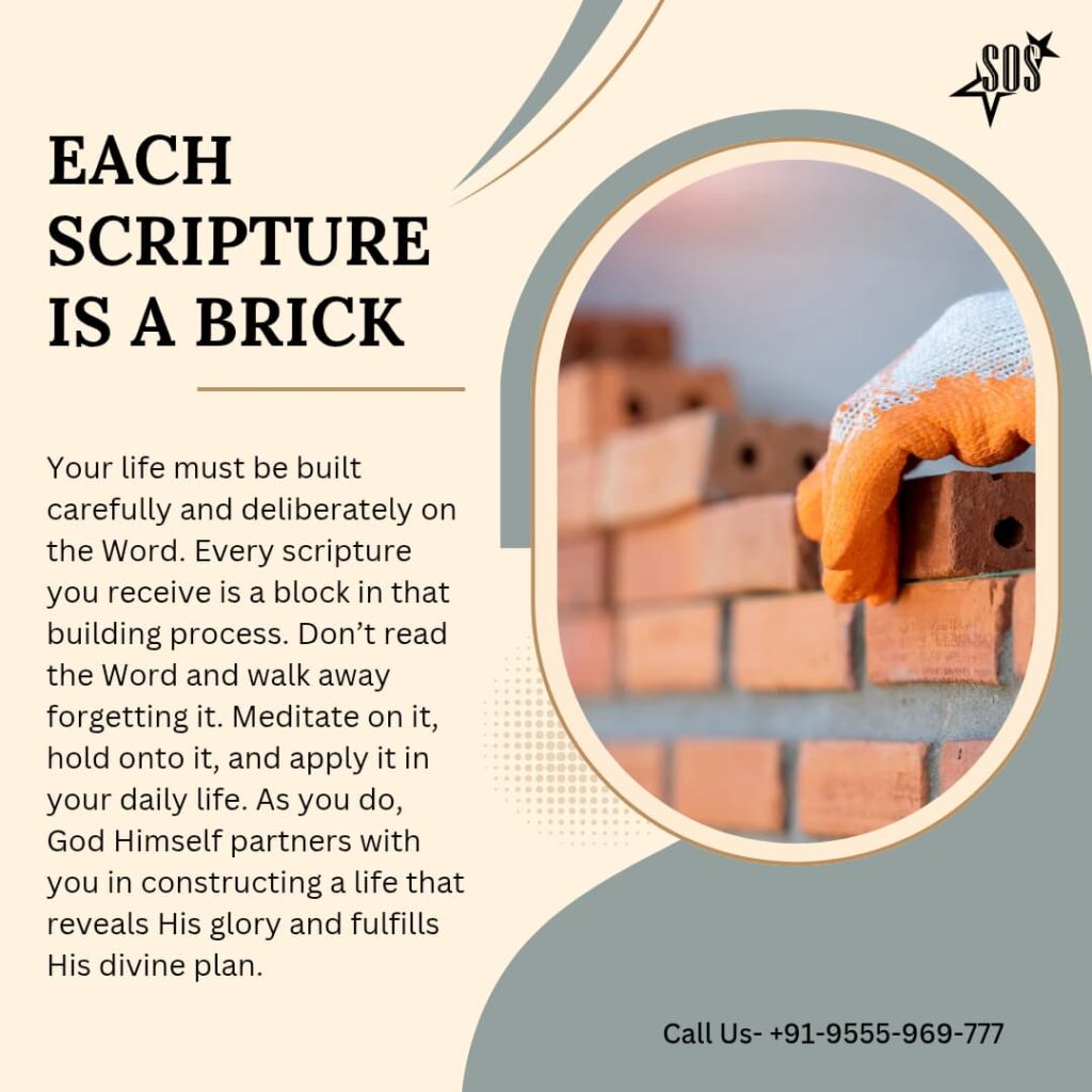 Hand placing a brick symbolizing each scripture as a building block of spiritual life