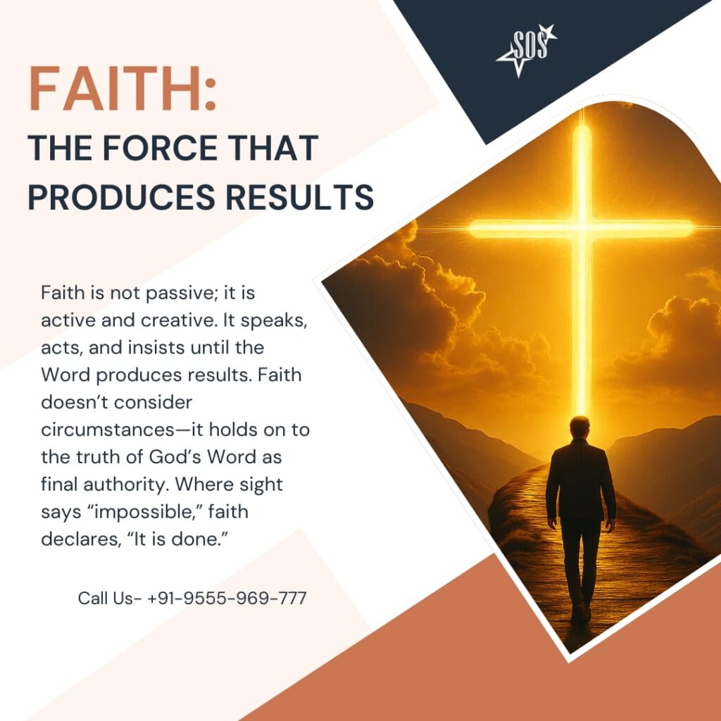 Person walking toward a glowing cross symbolizing faith as an active force producing results.