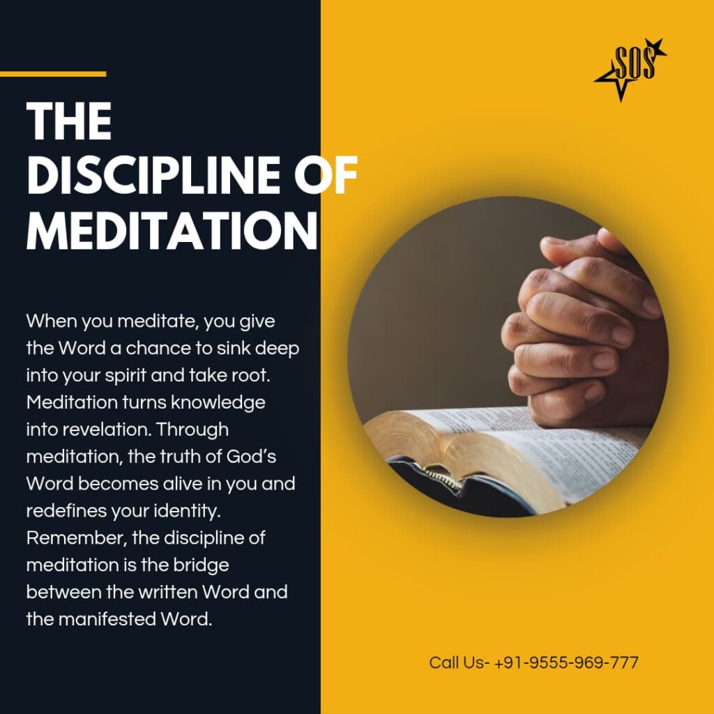 Hands clasped in prayer over an open Bible symbolizing the discipline of meditation on God’s Word (Joshua 1:8).