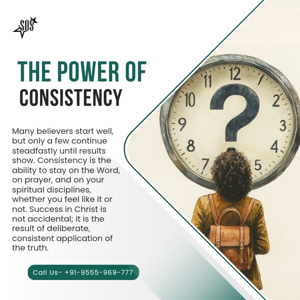 A believer standing before a large clock symbolizing consistency and steady spiritual discipline.