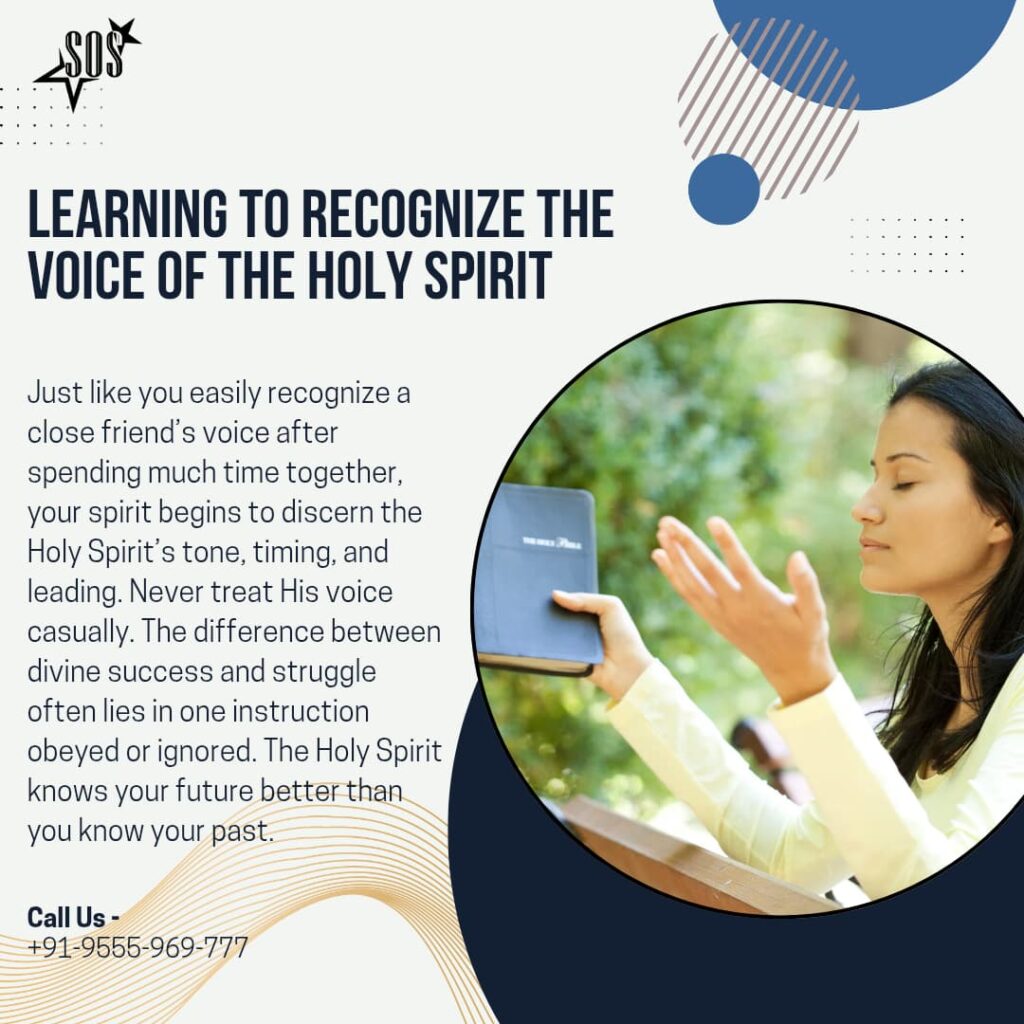 Woman praying outdoors with a Bible, representing learning to recognize the voice of the Holy Spirit
