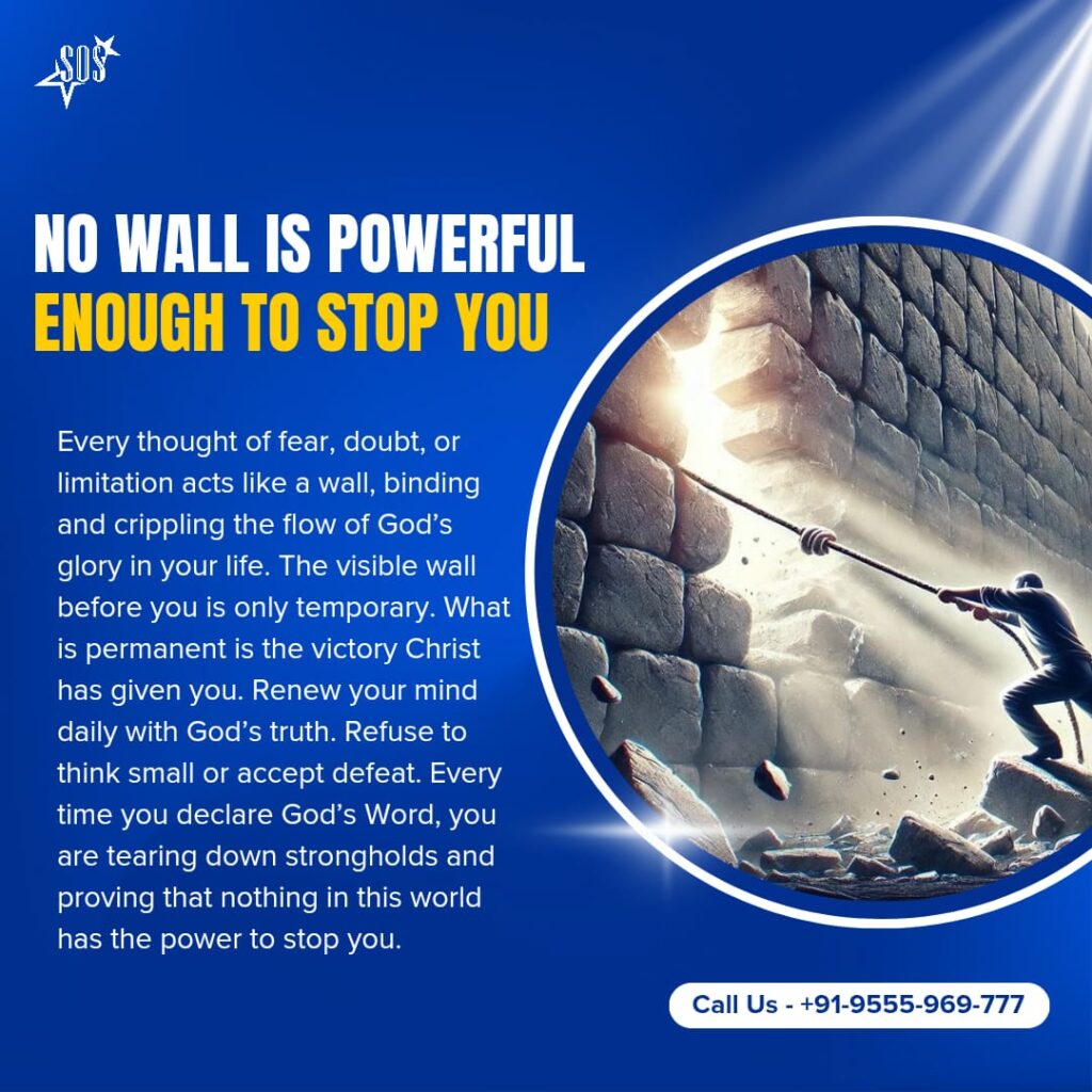 Christian man breaking a strong wall with God’s power, symbolizing victory over strongholds in Christ.