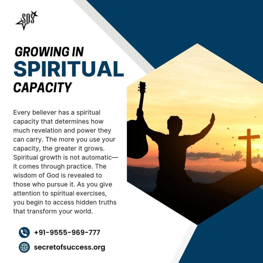 Silhouette of a person with a guitar raising a hand near a cross during sunset, representing spiritual growth and capacity.