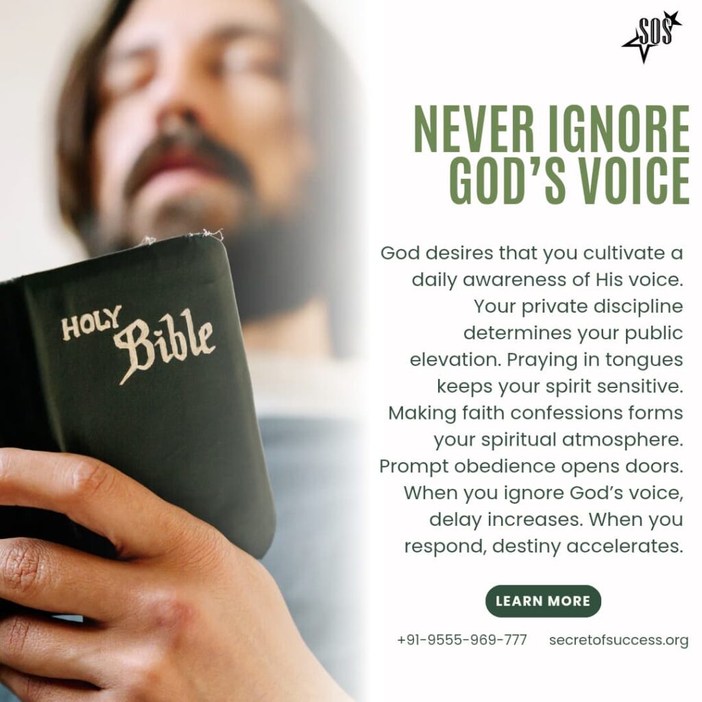 Man holding a Bible while focusing on God’s voice with text encouraging spiritual sensitivity and obedience.