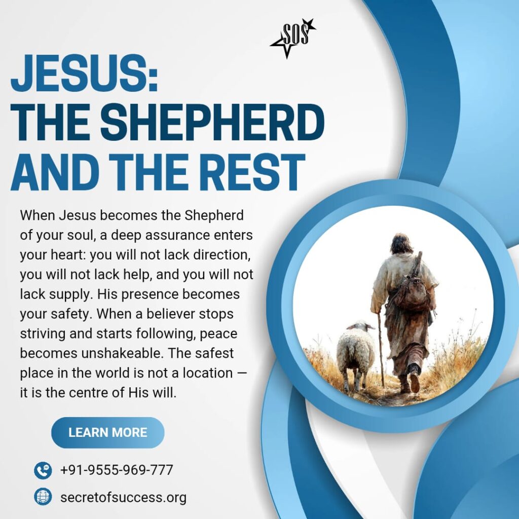 Jesus walking with a sheep symbolizing divine Shepherd who brings direction and rest.