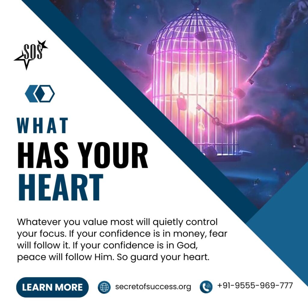 A glowing heart breaking free from a cage, symbolizing freedom from money control and a heart anchored in God