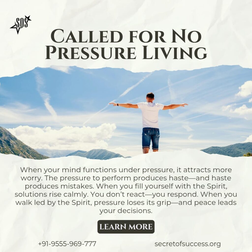 Inspirational Christian graphic encouraging believers to live free from pressure by being led by the Holy Spirit, based on Romans 8:14.