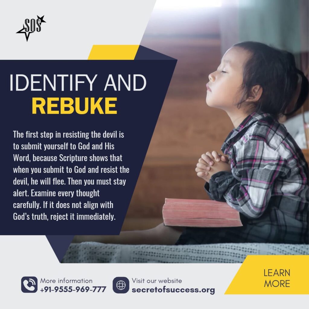 Christian illustration of a believer praying and guarding the mind against deception while rebuking the devil through God’s truth