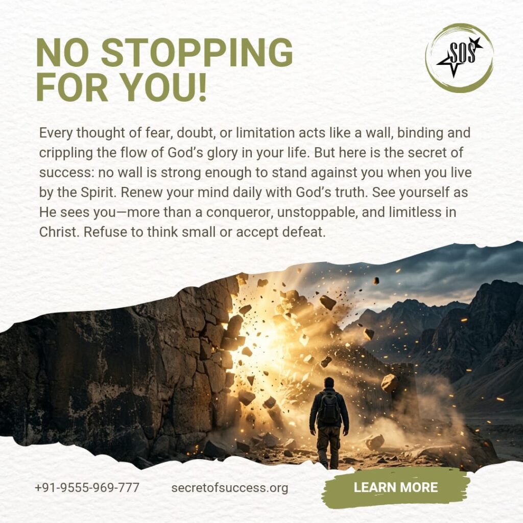 A Christian devotional image showing a man walking toward a wall breaking apart with light, symbolizing the biblical truth of pulling down strongholds through God’s power and living an unstoppable life in Christ.