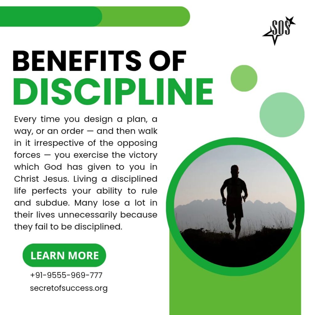 Benefits of Discipline Christian devotional with motivational design and spiritual message about godly discipline through Jesus Christ.