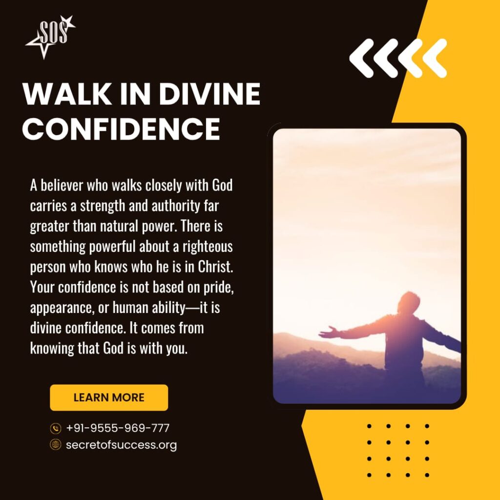 Christian walking in divine confidence with arms raised at sunrise symbolizing faith and boldness in Christ