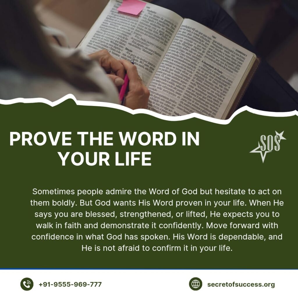 Open Bible with devotional message titled “Prove the Word in Your Life” based on Galatians 3:29 about faith, God’s promises, and spiritual success.