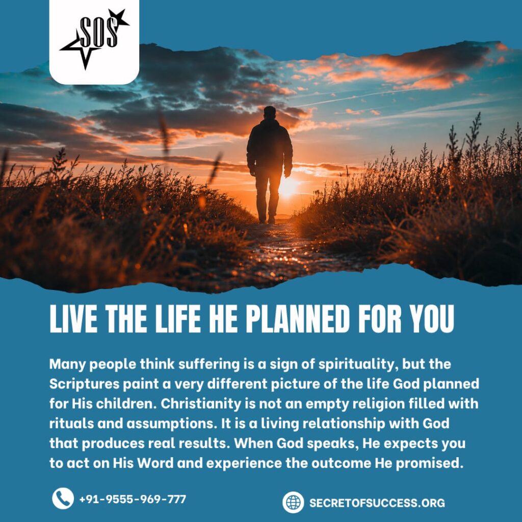 Silhouette of a person walking toward the sunset with the message “Live the Life He Planned for You” based on 3 John 1:2 Christian devotional.