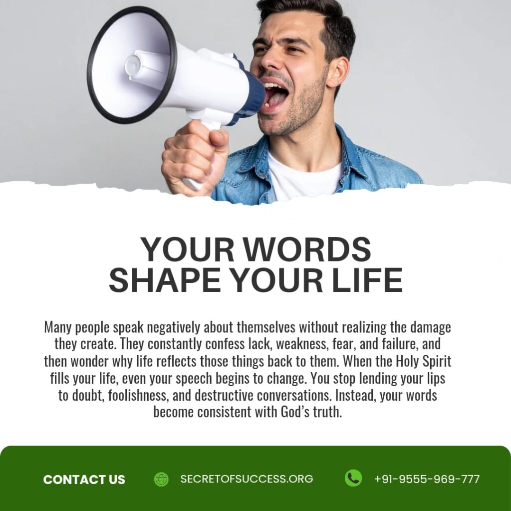 Man speaking through a megaphone with the text “Your Words Shape Your Life” based on Proverbs 18:21 Christian devotional message.