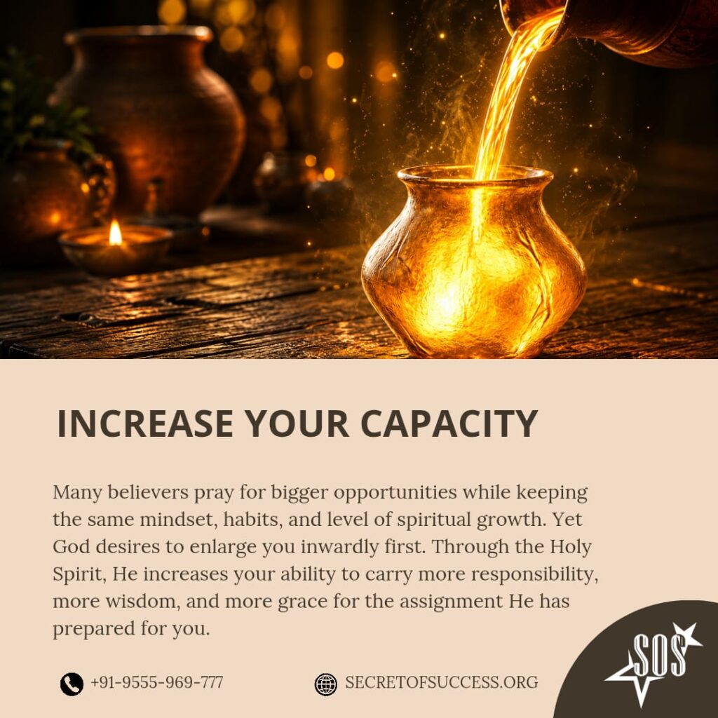 Glowing oil being poured into a vessel representing spiritual growth and increased capacity through the Holy Spirit.