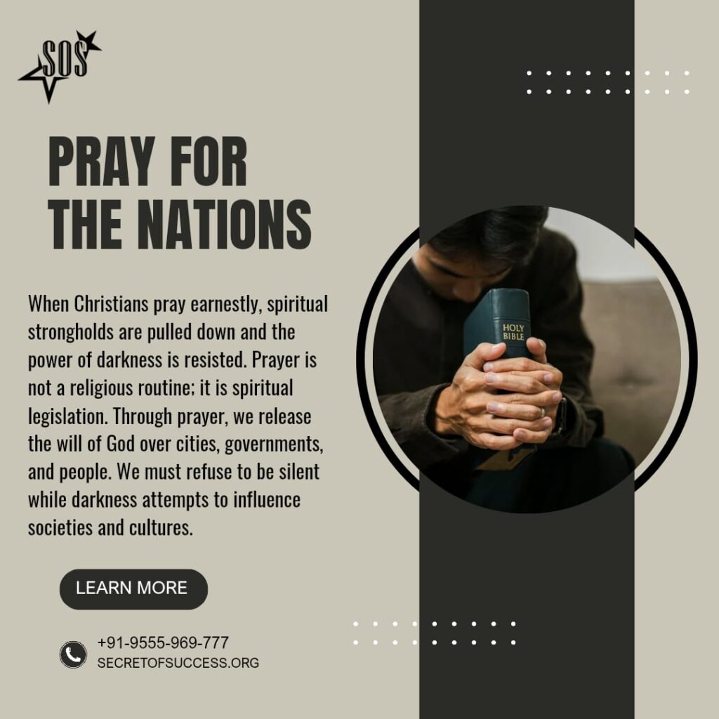 Christian man praying with Bible for the nations and world peace devotional poster