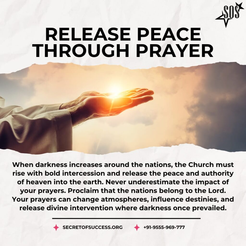 Hand lifted in prayer releasing God's peace over the nations with Psalm 46:9 devotional message about intercession and world peace.