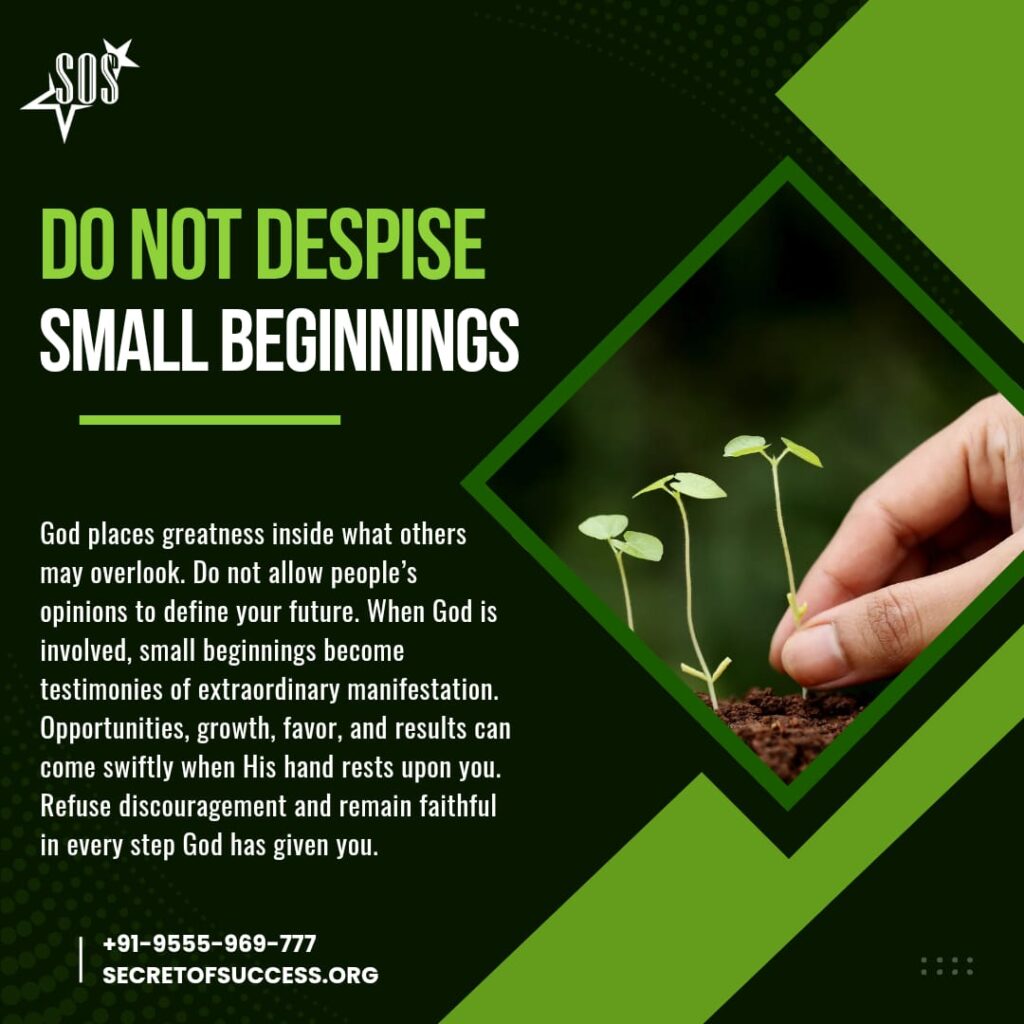 Young green seedlings growing from soil beside a hand planting them, symbolizing Zechariah 4:10 and God's power in small beginnings.