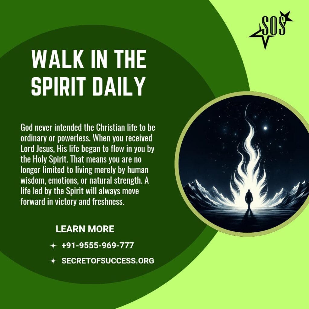 Christian devotional artwork showing a believer walking toward a bright spiritual flame, representing daily guidance and empowerment by the Holy Spirit based on Romans 8:14.