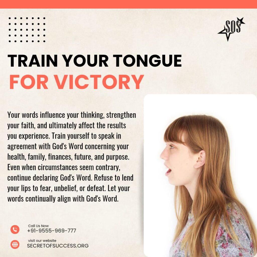 Train Your Tongue for Victory Christian devotional based on Proverbs 18:21 teaching the power of faith-filled words and biblical confession.