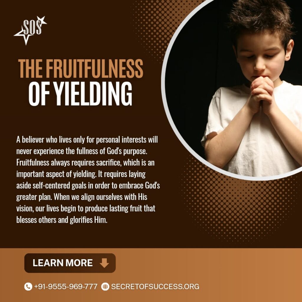 Young believer praying with the message The Fruitfulness of Yielding based on John 12:24 about surrendering to God and producing spiritual fruit.