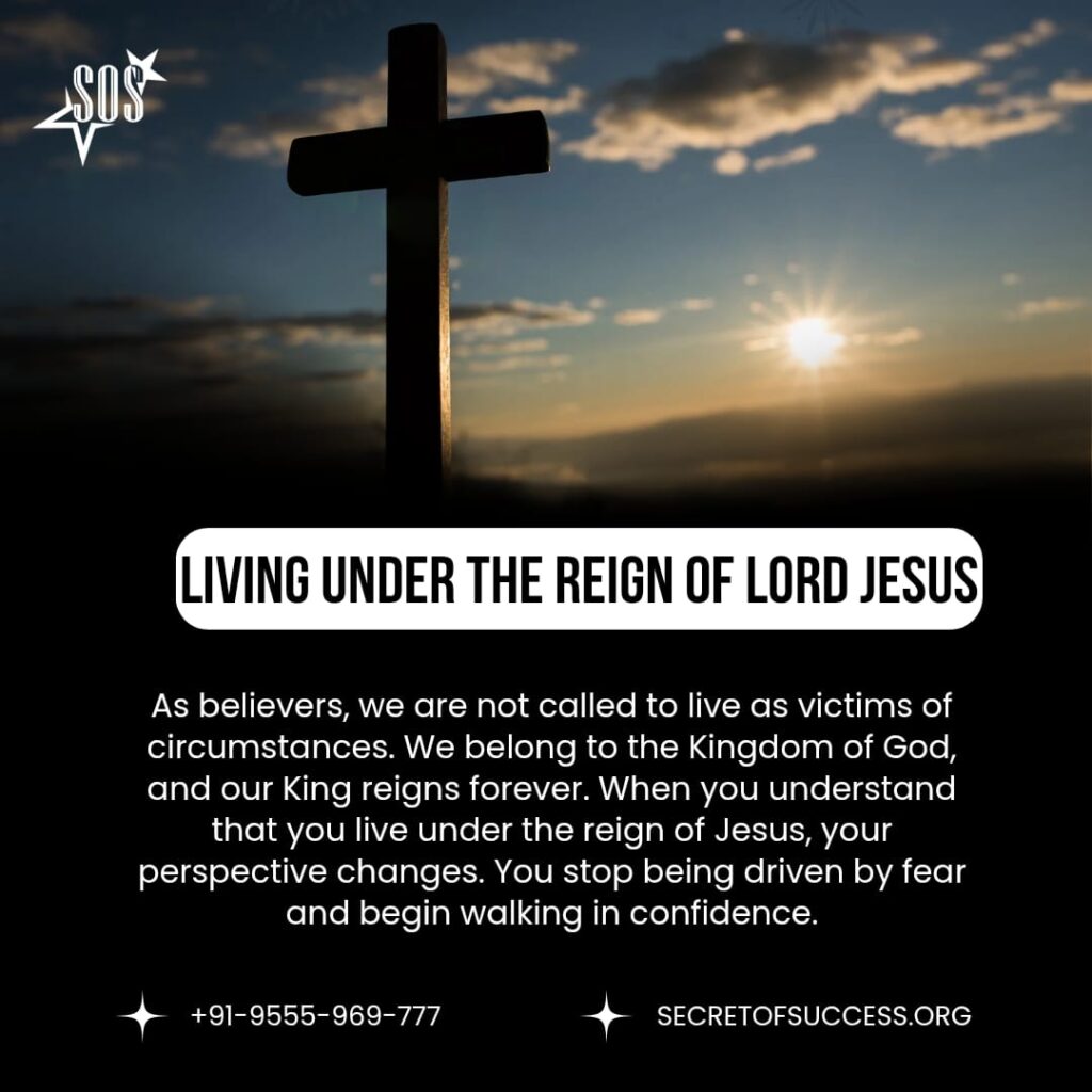Cross silhouetted against a sunrise representing living under the reign of Lord Jesus Christ and reigning in life through grace according to Romans 5:17.