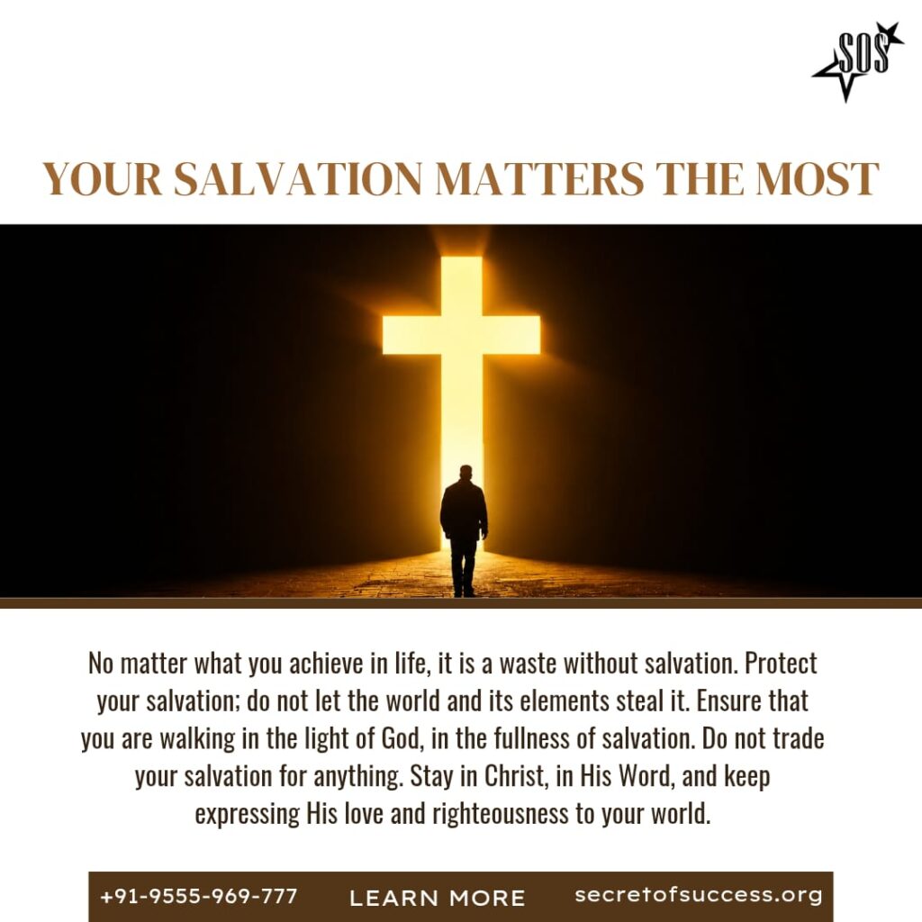Person standing before a glowing cross representing salvation through Jesus Christ and the importance of protecting one's salvation.