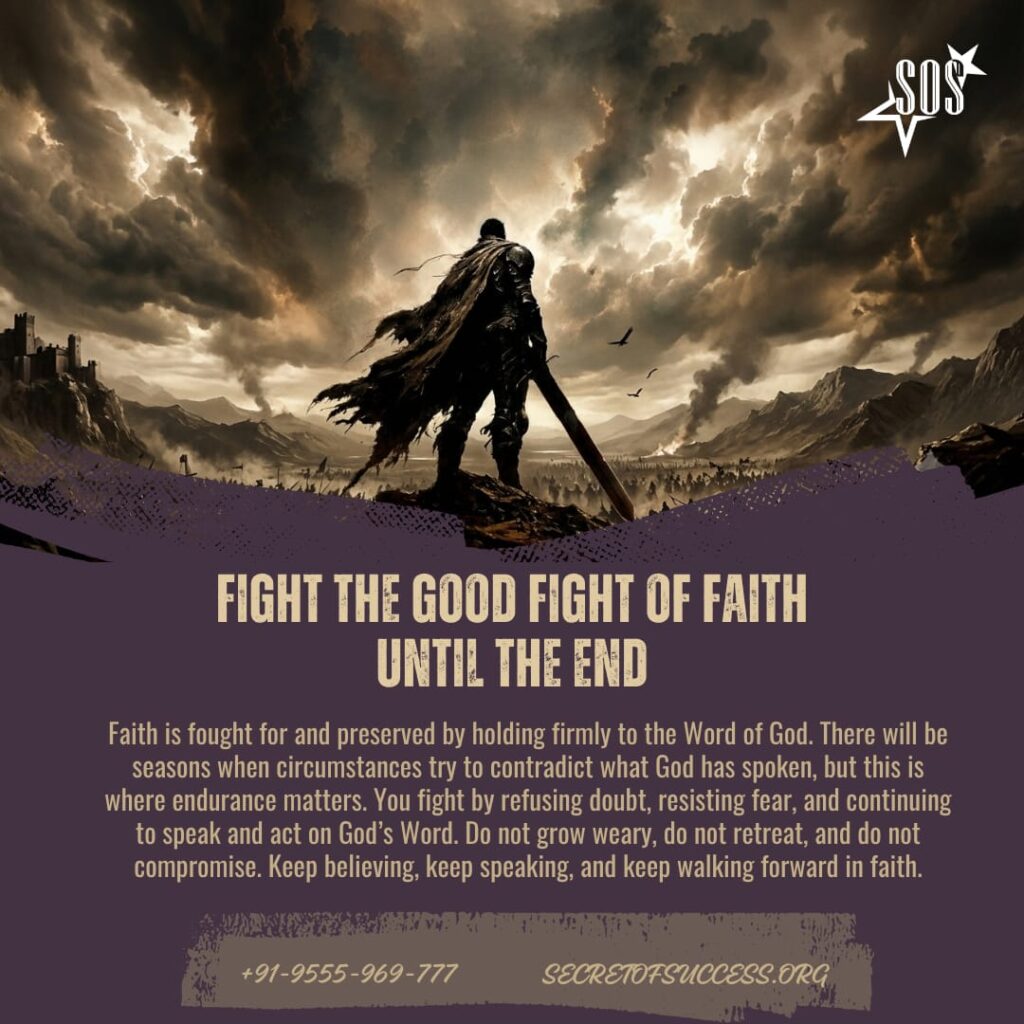 Christian warrior standing firm under stormy skies representing the good fight of faith, spiritual endurance, and steadfast trust in God's Word based on 1 Timothy 6:12.