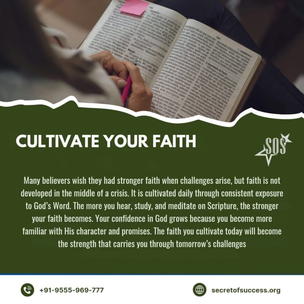 Open Bible with devotional message about cultivating faith through God's Word based on Romans 10:17.