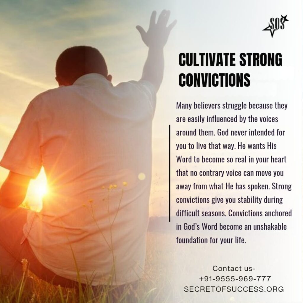 Christian believer cultivating strong convictions through God's Word, standing firm in faith with spiritual confidence and stability.