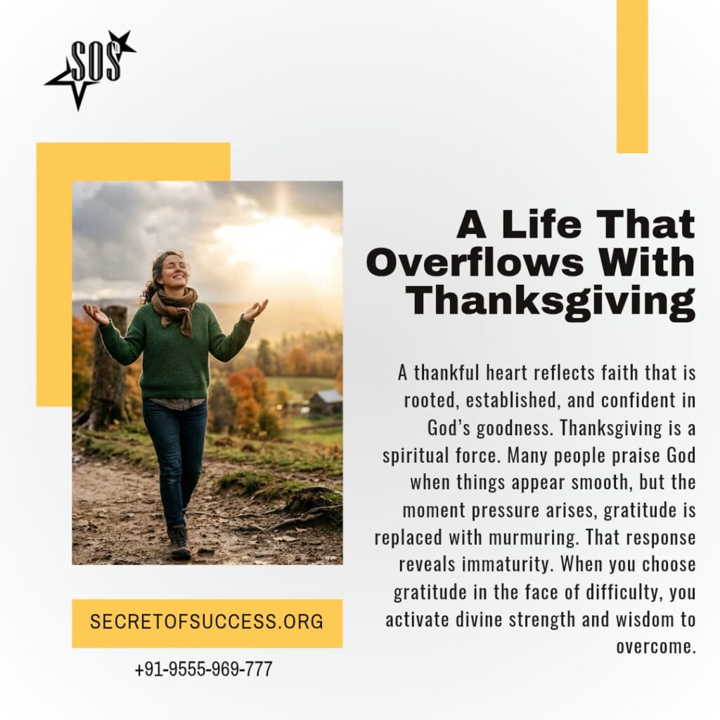 Christian devotional image about a life overflowing with thanksgiving based on Colossians 2:7 showing a joyful believer giving thanks to God.