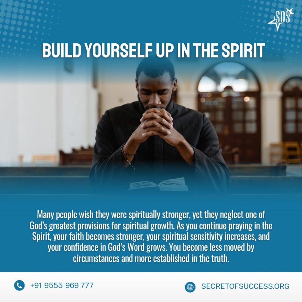 Christian praying in church illustrating Build Yourself Up in the Spirit devotional based on 1 Corinthians 14:4 about praying in tongues and spiritual growth.