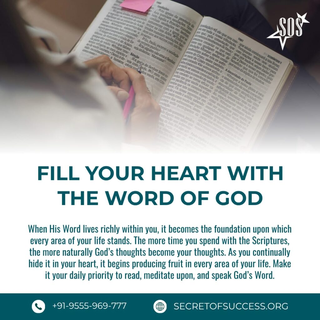 Open Bible with the message Fill Your Heart with the Word of God based on Joshua 1:8 encouraging daily Scripture meditation and spiritual growth.