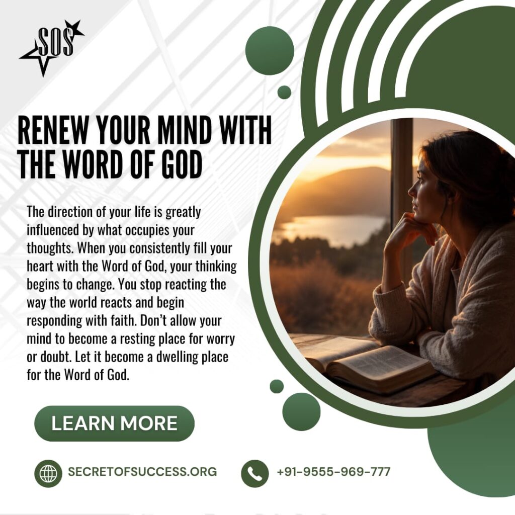 Woman meditating on the Bible at sunrise representing renewal of the mind through the Word of God based on 2 Corinthians 4:16.
