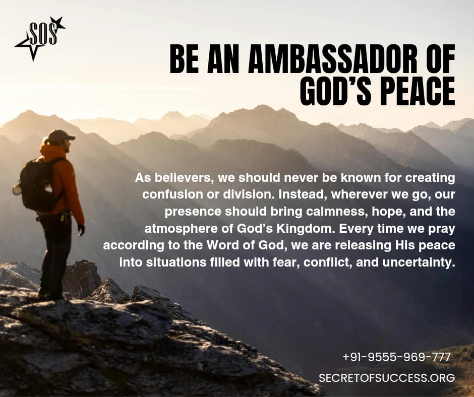 Christian devotional on becoming an ambassador of God's peace based on Romans 14:17 with mountain landscape symbolizing God's peace.