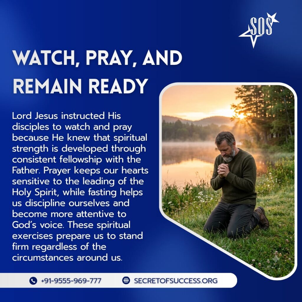 A Christian man kneeling in prayer beside a peaceful lake at sunrise, illustrating spiritual watchfulness, prayer, and readiness based on Mark 14:38.