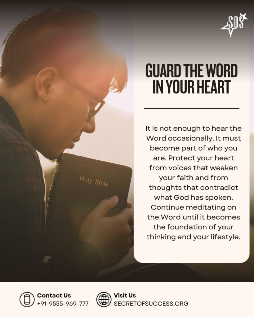 A Christian believer holding the Holy Bible close while praying, representing guarding God's Word in the heart according to Proverbs 4:23.