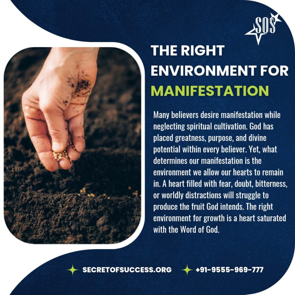 A hand sowing seeds into fertile soil representing God's Word creating the right environment for spiritual growth and manifestation based on Psalm 1:2.