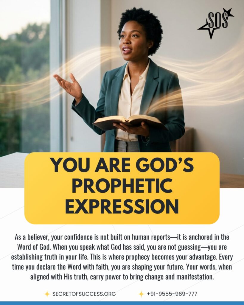 A Christian devotional illustration about being God's prophetic expression, speaking God's Word with faith based on Matthew 24:35.