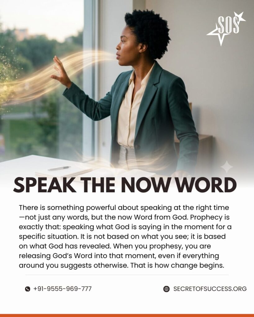 A Christian woman speaking God's prophetic Word in faith with glowing light representing the power of God's Word based on Hebrews 11:1.