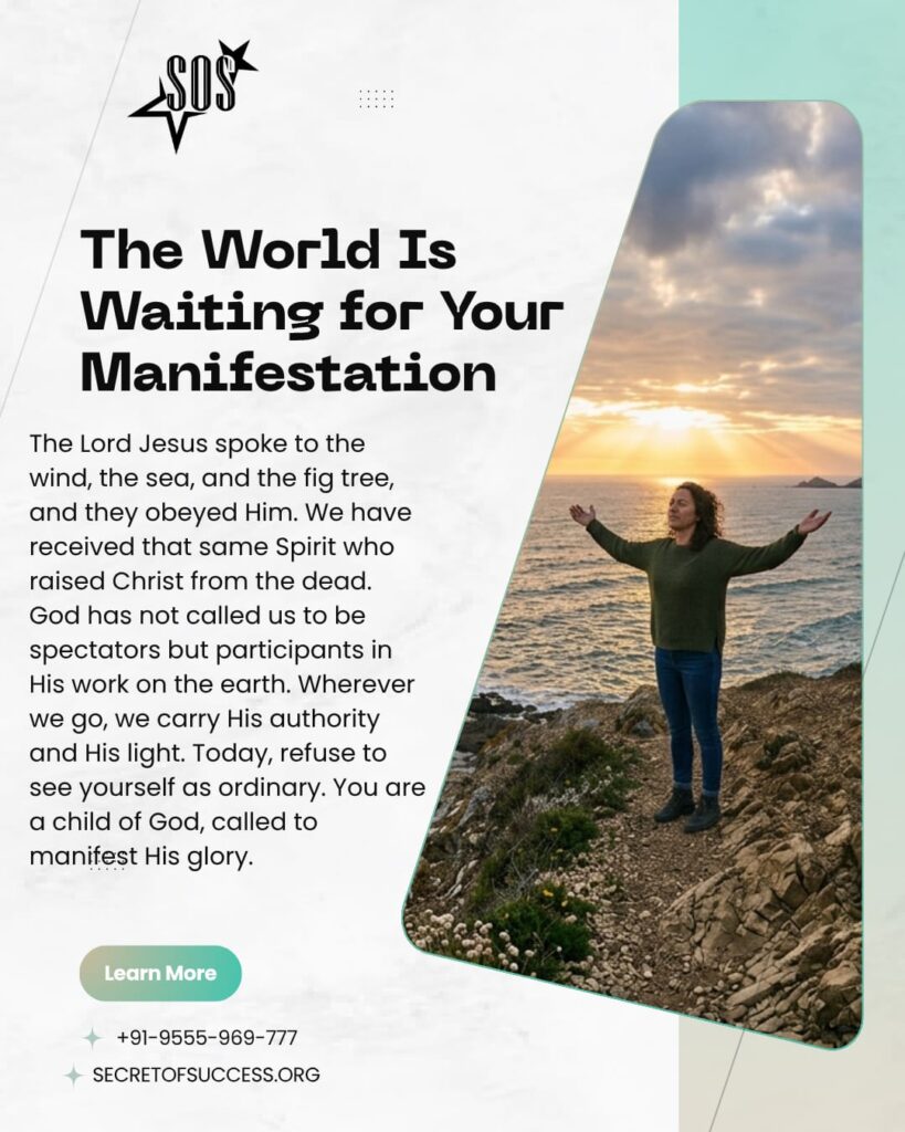 A Christian devotional illustration about the manifestation of the sons of God based on Romans 8:19, encouraging believers to reveal God's glory, authority, and power through Jesus Christ.