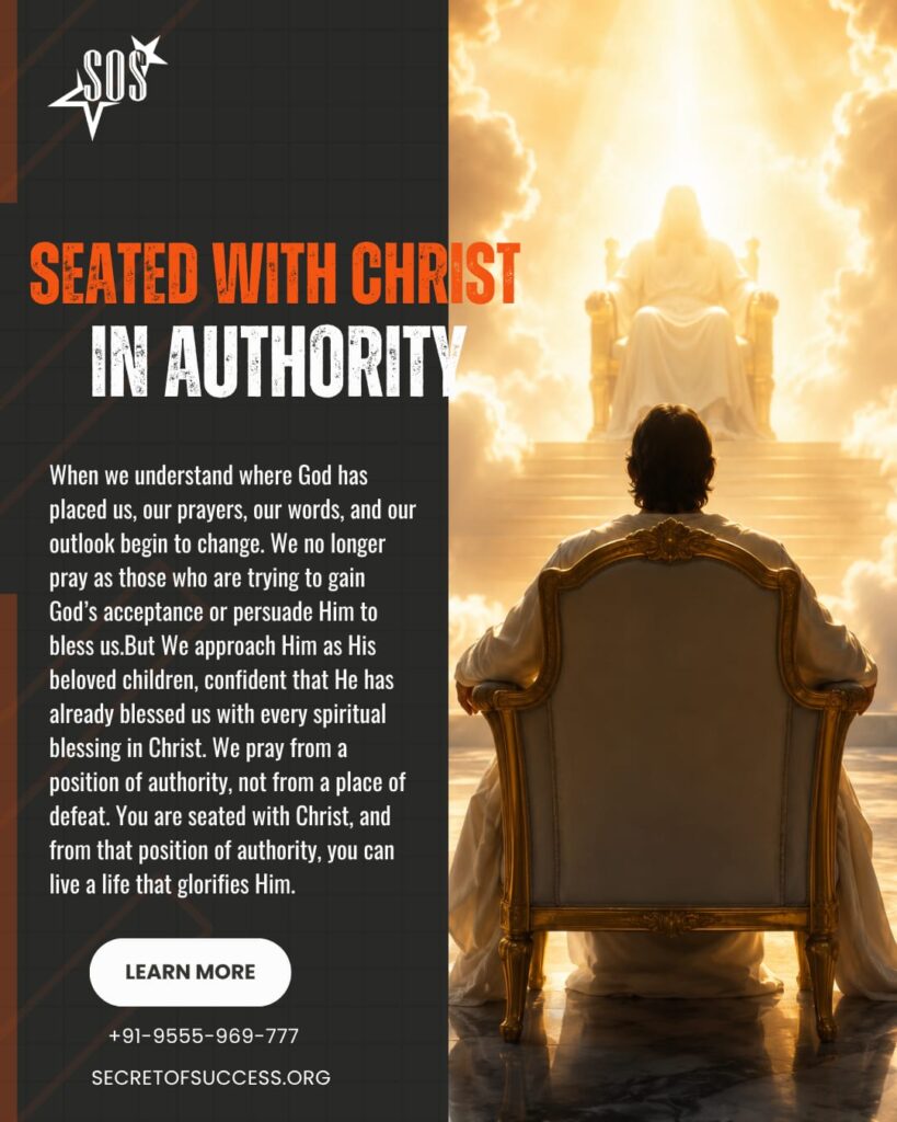 Jesus seated on His heavenly throne with a believer seated before Him symbolizing spiritual authority in Christ based on Ephesians 2:6.