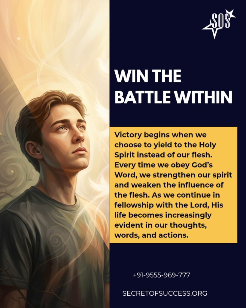 Young believer looking upward symbolizing victory over the flesh through the Holy Spirit based on Galatians 5:17.