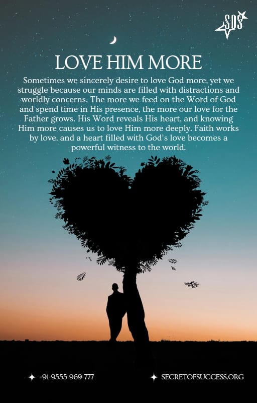 Silhouette of a heart-shaped tree at sunset representing God's love with Bible verse 1 John 4:19 and the devotional "Love Him More."