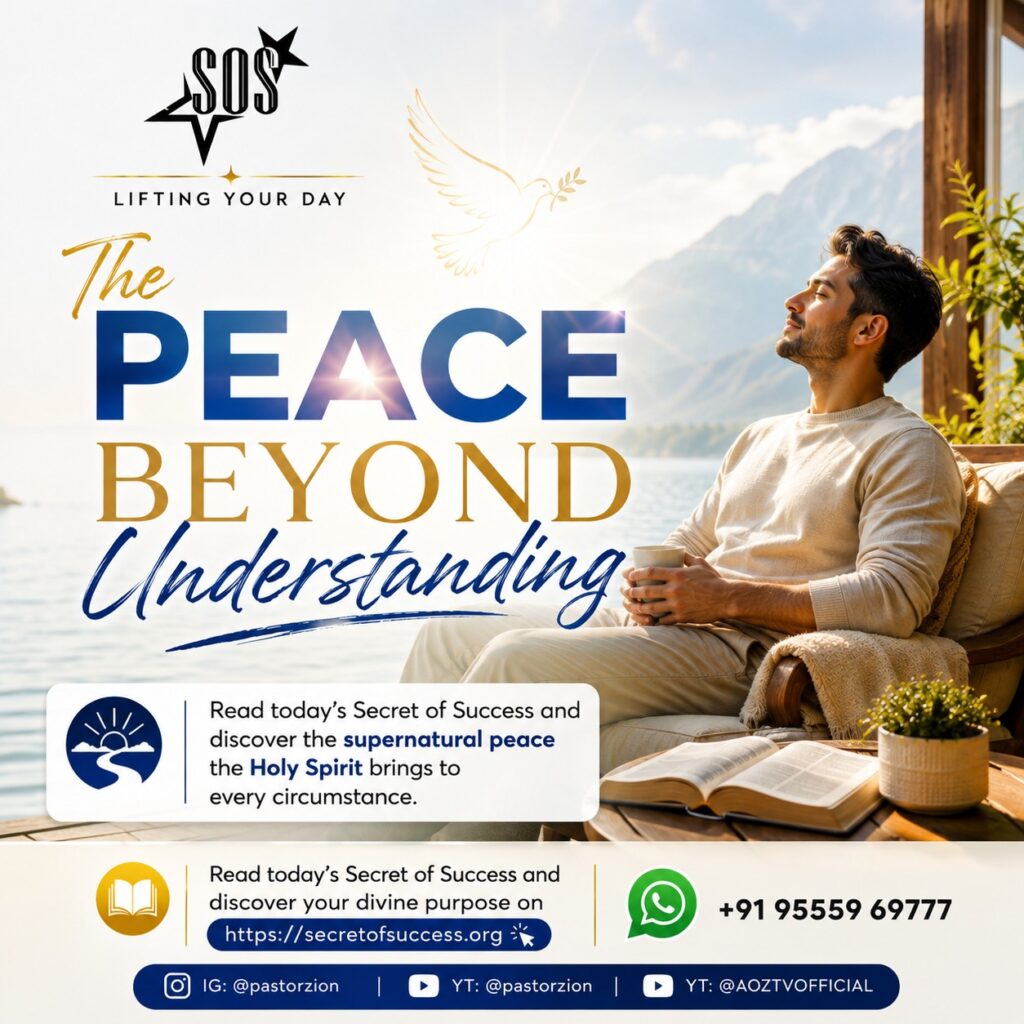 A believer experiencing the peace of God while praying beside an open Bible, illustrating Philippians 4:6–7 and the ministry of the Holy Spirit.